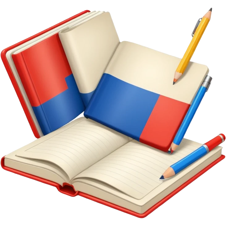 book with Russian flag colors, open notebook and pencil nearby emoji