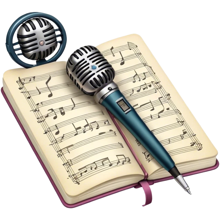 Create an emoji representing songwriting. The design should feature an open notebook or sheet music with visible lyrics and musical notes, symbolizing the process of writing song lyrics. A pen or pencil should be placed near the notebook, indicating active writing. Optionally, include a vintage microphone or a quill to add a creative touch. Use a harmonious color palette with warm and neutral tones. Do not include any emojis or smiley faces. Make the background transparent. emoji