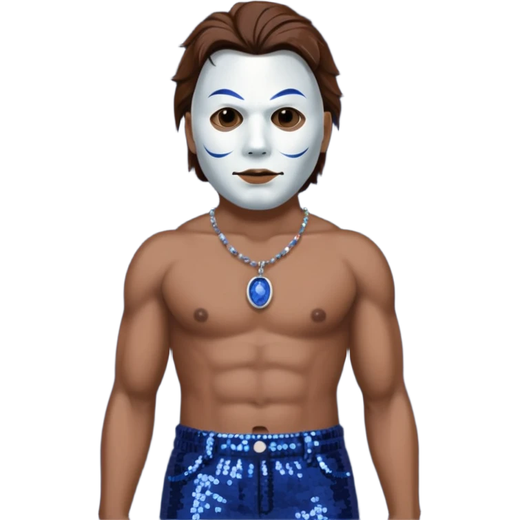 Michael Myers with white mask with brown hair, indigo sequin baggy pants, shirtless with necklace emoji