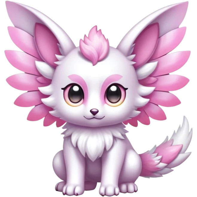 Shiny epic glittery iridescent divine white gold pink animal-fakemon-creature with head-ear-wings, cute, adorable, big eyes, fluffy tail emoji