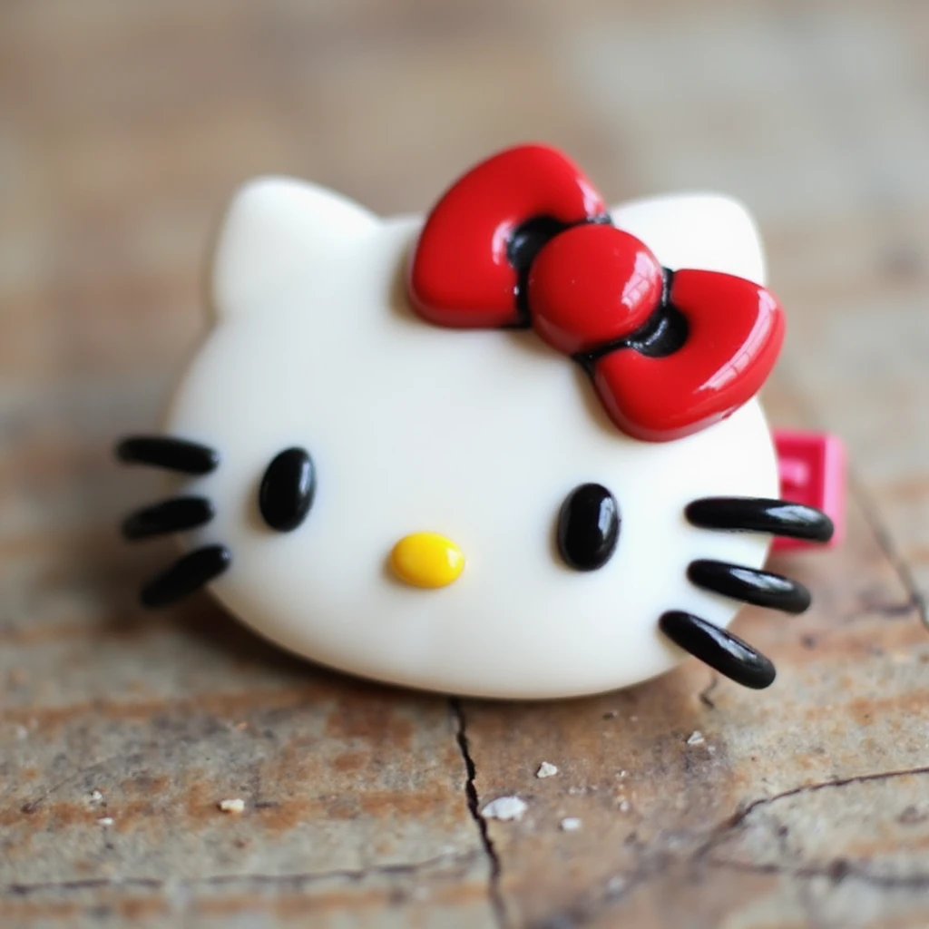 realistic Hello Kitty hair pin made of acrylic material, glossy finish, Hello Kitty's face with a red bow, product photography style emoji