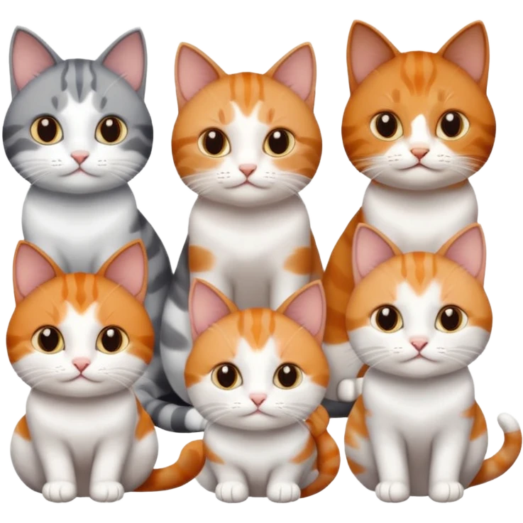6 cats with different coloured coats, 2 are grey and white, 1 is grey with a little white, 1 calico, 1 brown tabby and white and one ginger and white emoji