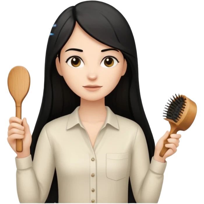 A white woman with long, straight black hair, wearing an ivory-colored shirt, holding a wooden paddle hairbrush in her left hand and spraying a hair mist bottle with her right hand toward her hair. emoji