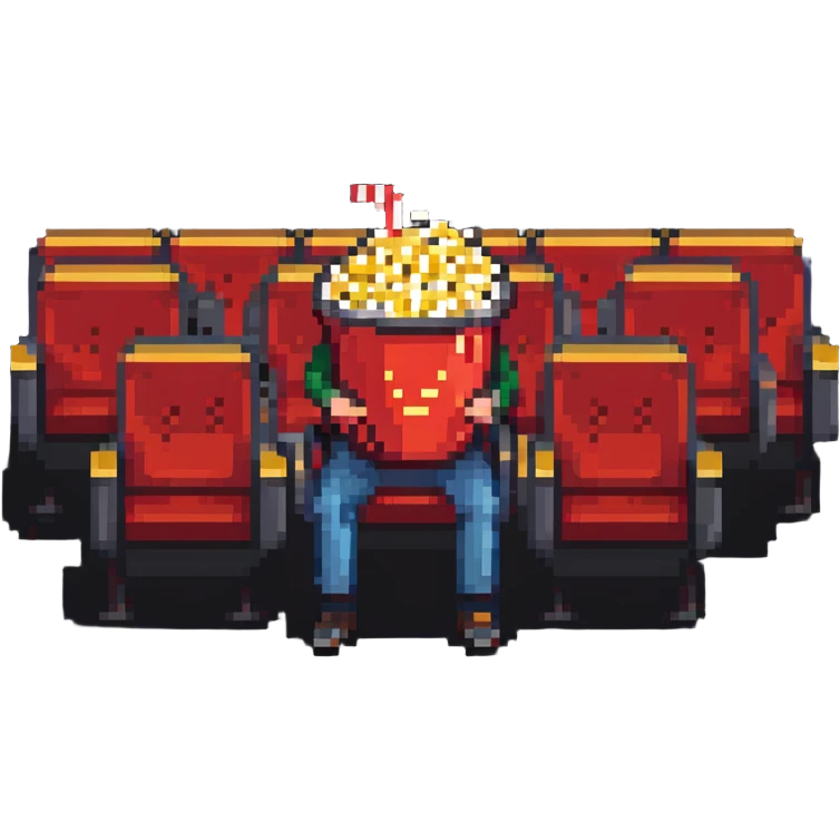 Pixel art person sitting in movie theater chair with popcorn bucket, watching big screen emoji