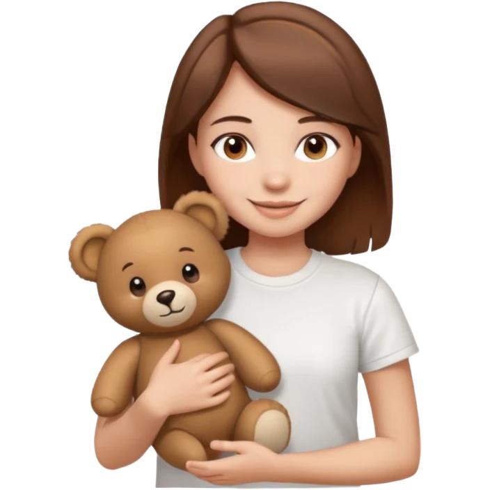A Girl with Brown hair and Brown eyes with a t-shirt White. The t-shirt have dels a Teddy bearthe Gor have White skins and she is smiling emoji