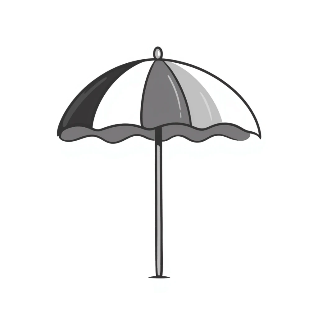 A beach umbrella with stripes in pastel colors (dd9fb0, ffc6d3, a3bfc9, c4bee2, f1b091), hand-drawn doodle style emoji