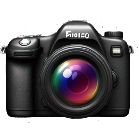In the center of a pure black background, a 3D mimetic digital camera is facing the lens at a 0-degree angle emoji