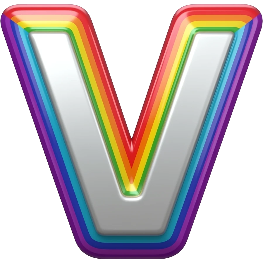 name "v" in silver, 3D style typography lettering, each color of the rainbow as a border outlined around each letter, isolated, 3d rendering, no emoji icons no emoji faces and must have no human figures emoji