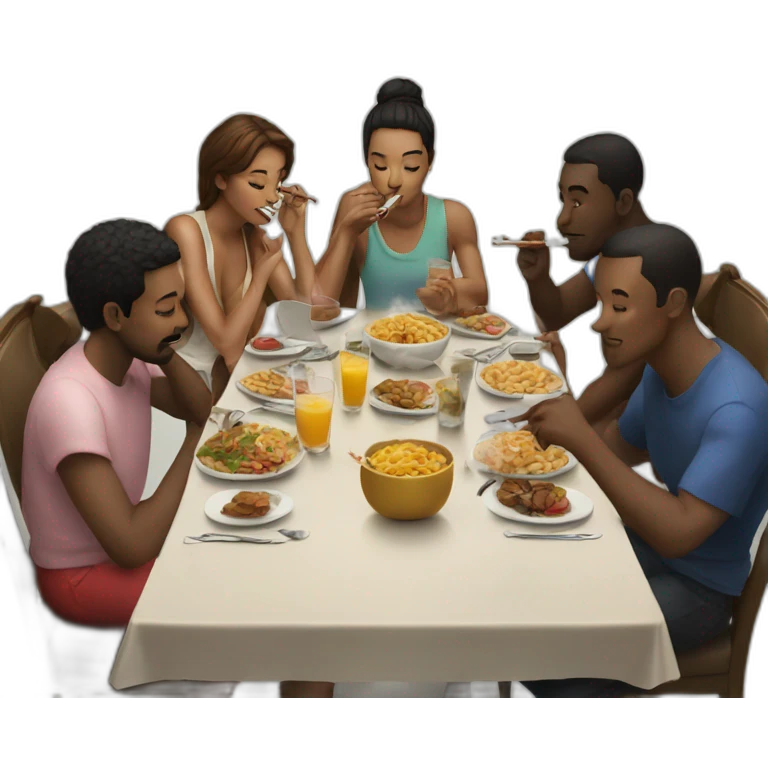 Group of friends eating at a table while smoking sigarets emoji