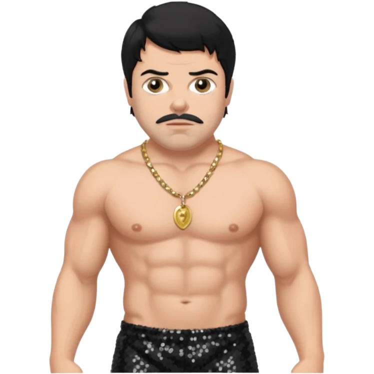 Oliver Reed with black hair, black sequin baggy pants, shirtless with necklace emoji