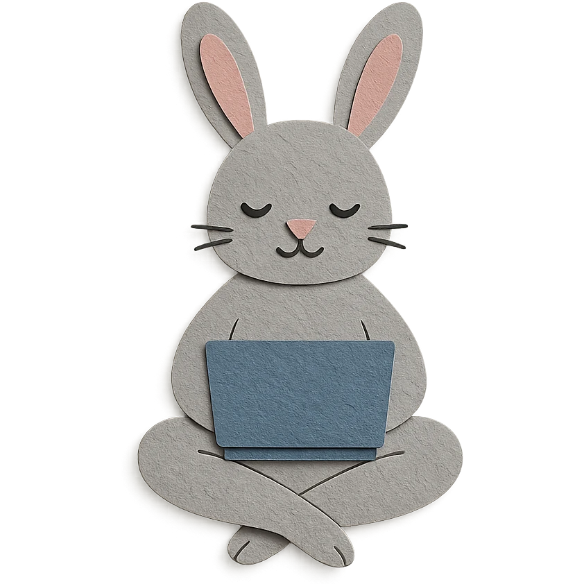 gray bunny sitting cross-legged with laptop in paper-craft style emoji