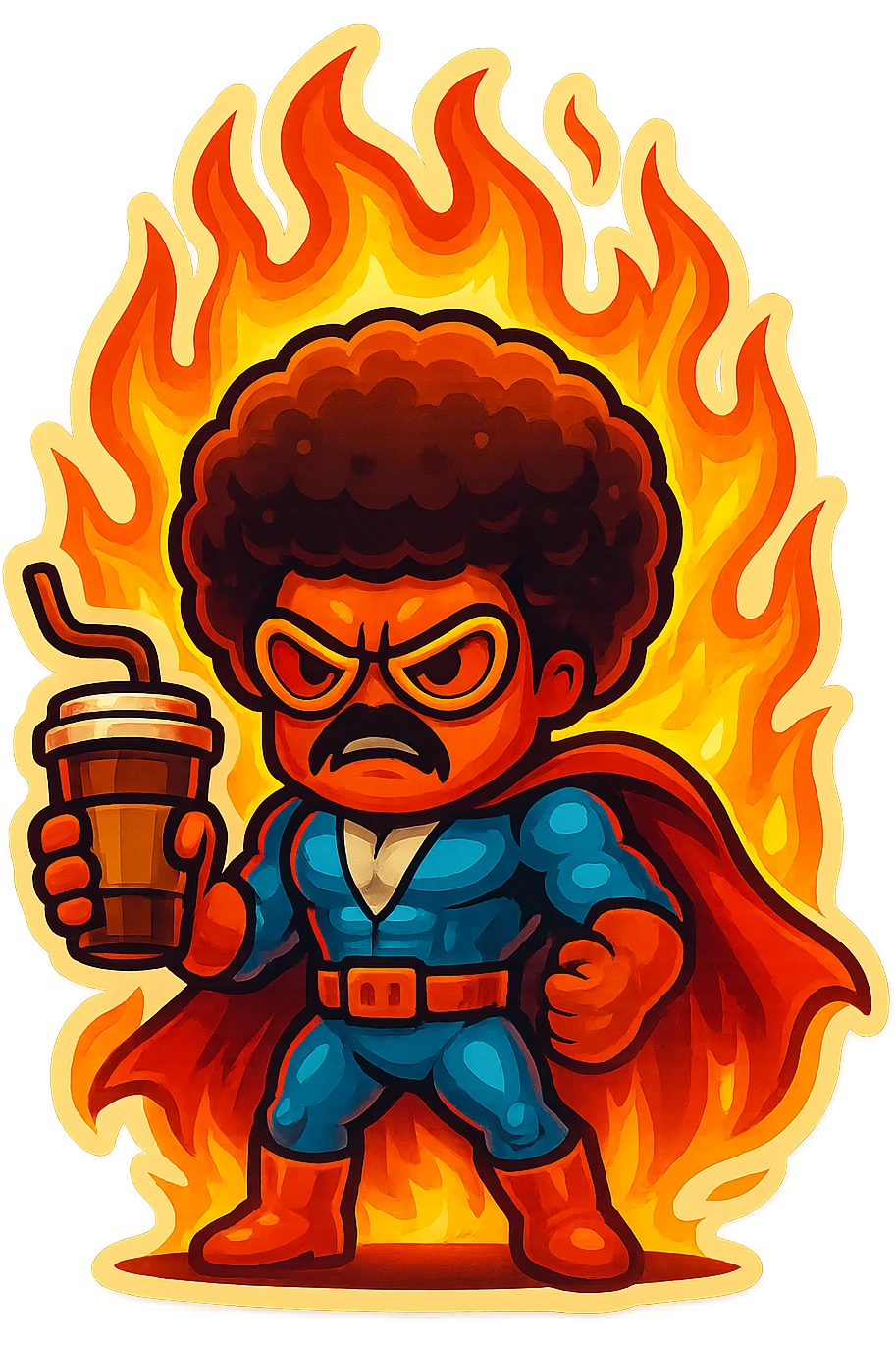 coffee creature, superhero, angry and on fire emoji