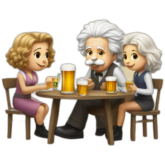 Einstein drinking beer with two girls emoji