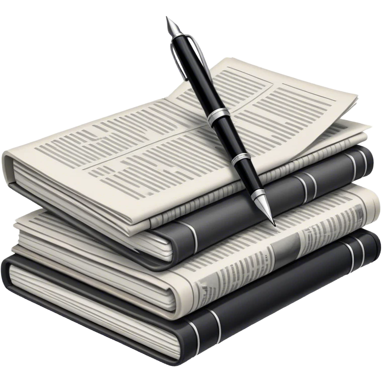 Create an emoji representing journalism and publicistic writing. The design should feature a stack of newspapers as the base, with an open working notebook placed on top of them. A single fountain pen should rest at the very top on the notebook, symbolizing the act of writing. Use neutral, professional colors like black, white, and muted tones to convey a sense of seriousness and intellect. Do not include any emojis or smiley faces. Make the background transparent. emoji