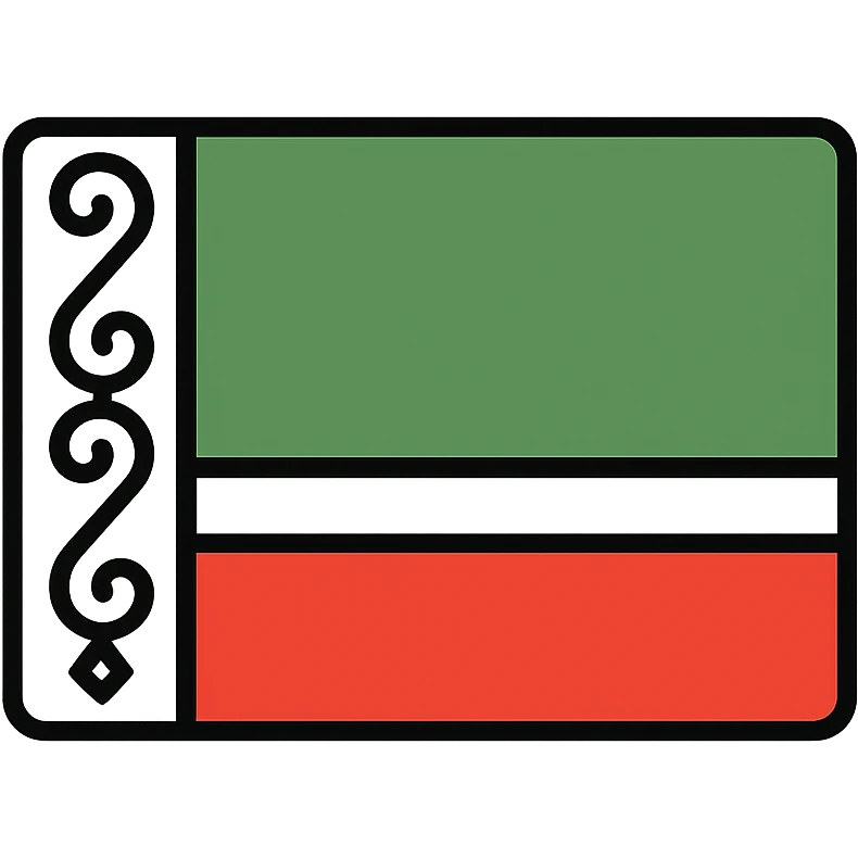 flag of Chechnya, simple horizontal green, white, and red stripes, decorative white vertical stripe on left, minimalistic style emoji