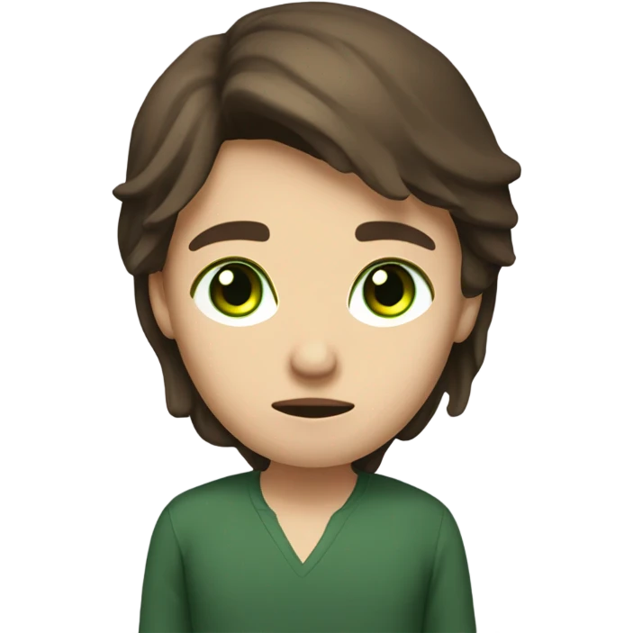 A depressed and exhausted public law student with long deep brown haut, fair skin and green eyes emoji