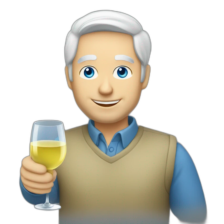 a caucasian man with blue eyes and grey hair, toasting with a glass of white wine emoji