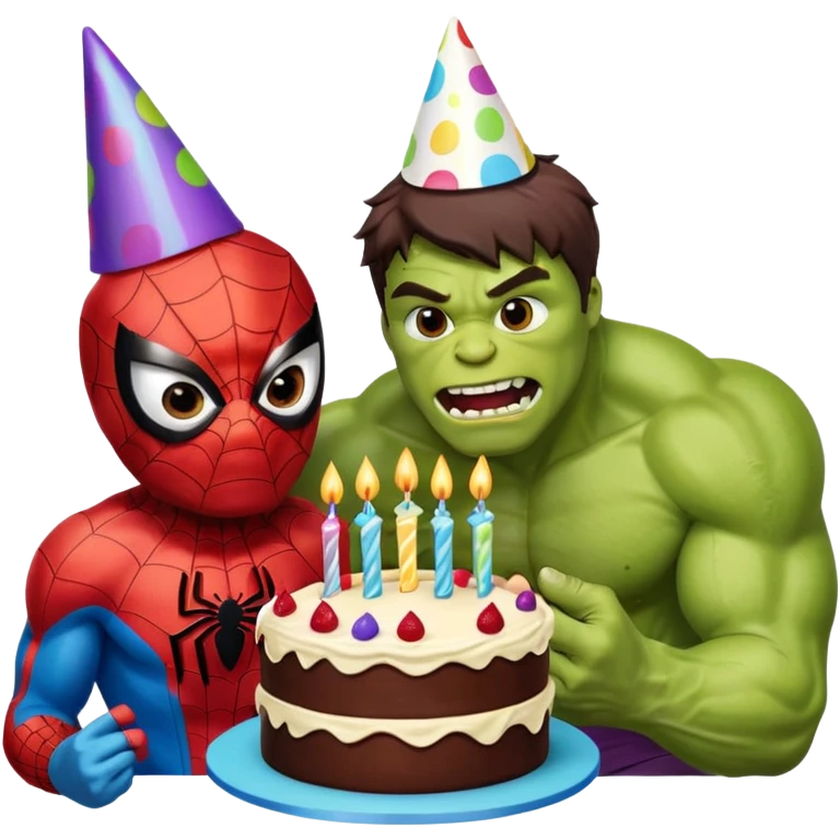 Spider-Man and Hulk eating a birthday cake emoji