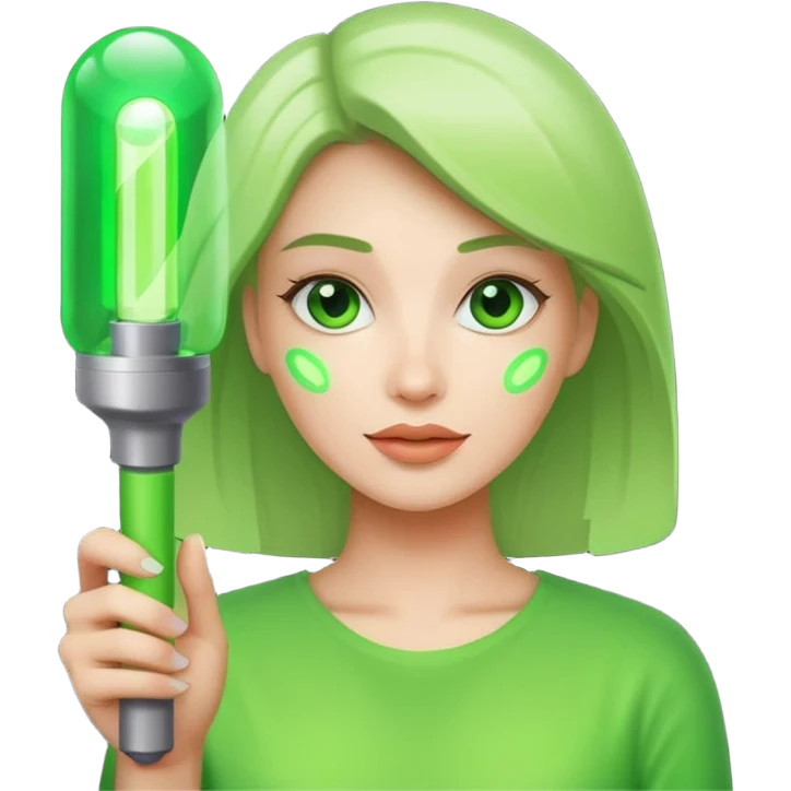 A pretty woman holding a green light stick emoji