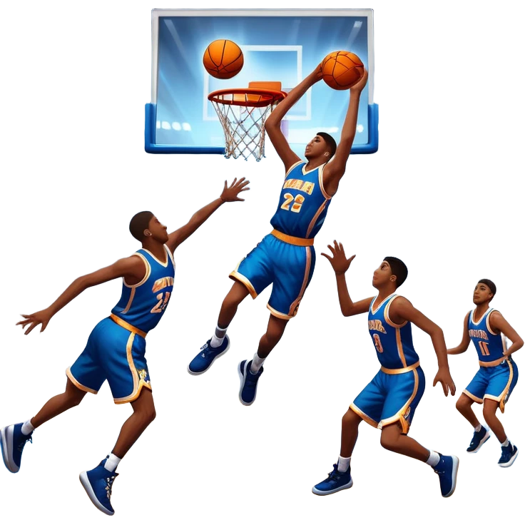 An icon featuring a basketball court with players in action, inspired by NBA 2K25. A player jumps for a dunk, with the ball mid-air. Bright lights illuminate the court, symbolizing the excitement of sports simulation games. Transparent background emphasizes the energy. emoji