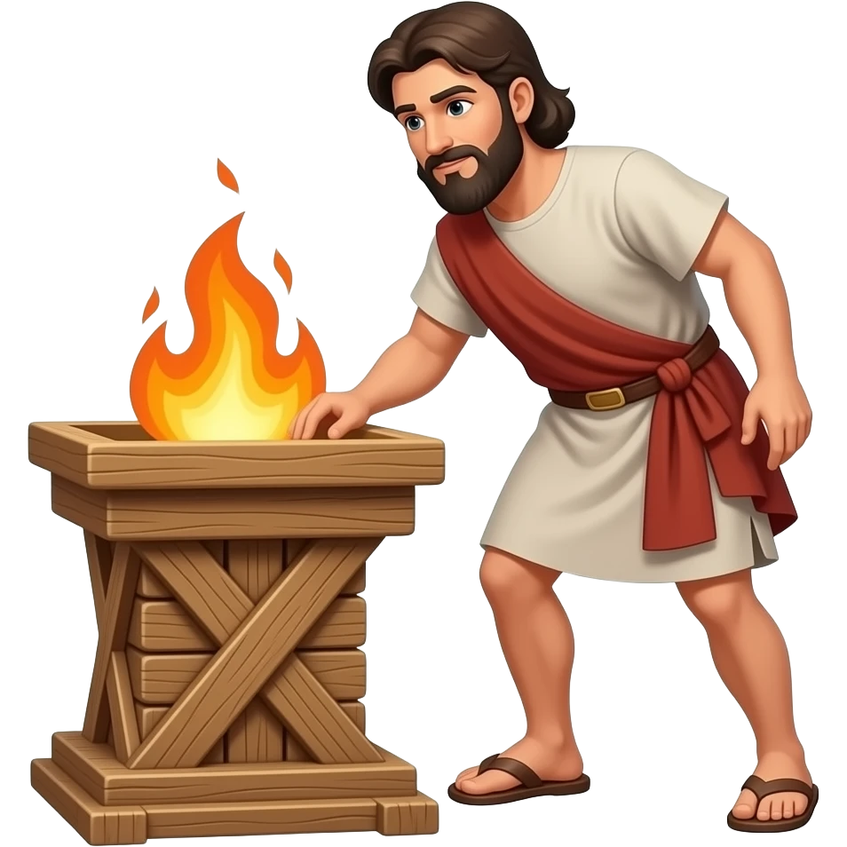 A man wearing clothing from ancient biblical times building a wooden alter that is set on fire emoji