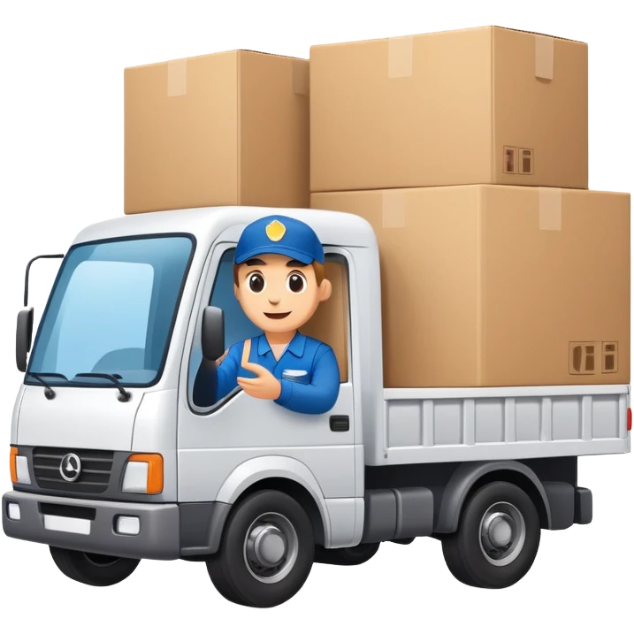 truck with a supplier in work uniform sitting inside, waving hi, cargo area overflowing with many boxes emoji