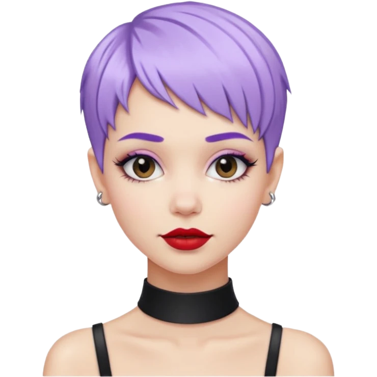 cool white girl with pastel purple pixie hair, black choker necklace, red lipstick, lip ring, half smile, fashionista vibe emoji
