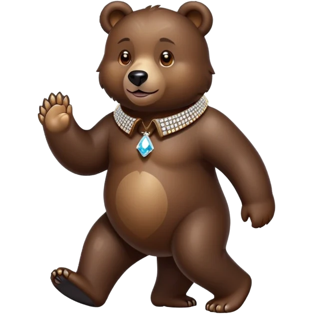 Dark brown bear walking on four paws wearing a luxury diamond-studded collar, shiny gems, minimalist emoji style emoji