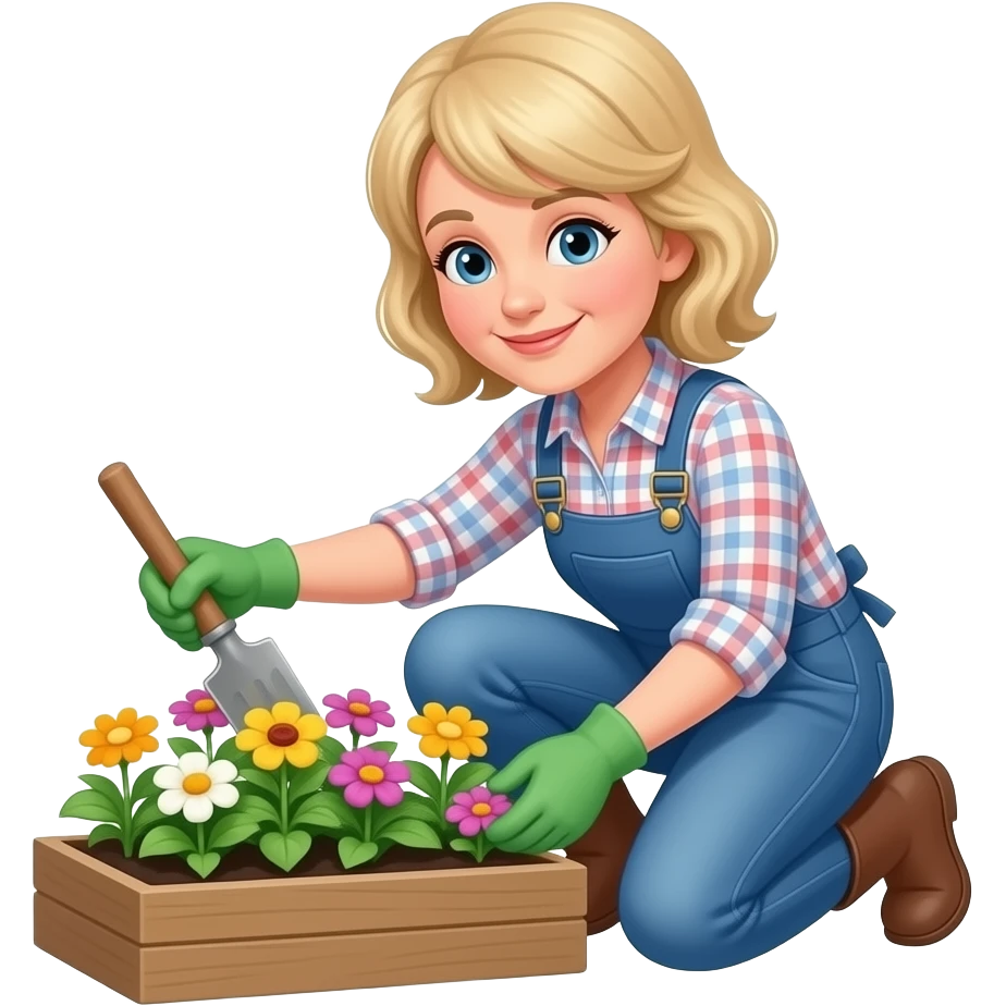 50 year old medium blonde hair woman working in flower bed emoji