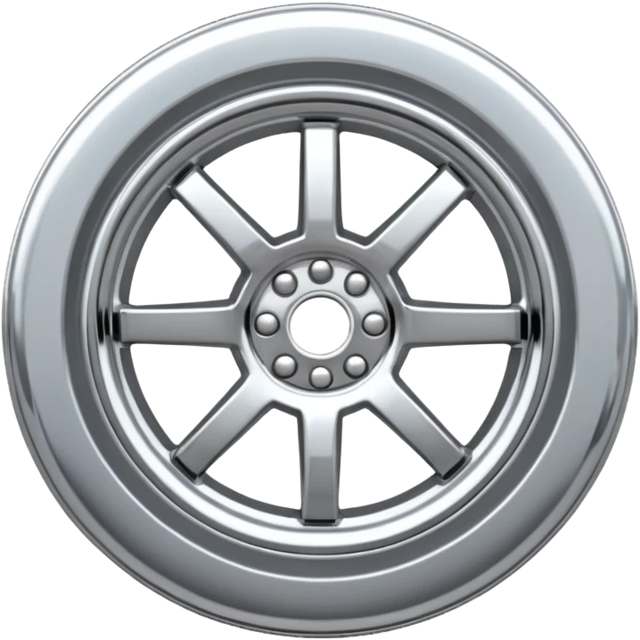 A chrome car wheel emoji, polished silver metal rim, smooth circular shape, minimal futuristic design, soft reflections, iOS emoji style, centered on white background, ultra clean look emoji