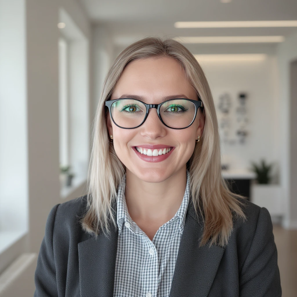 Cinematic still of a smiling european white woman with glasses smiling, minimalistic ophthalmologist interior in background, leading  lines, rule of thirds emoji