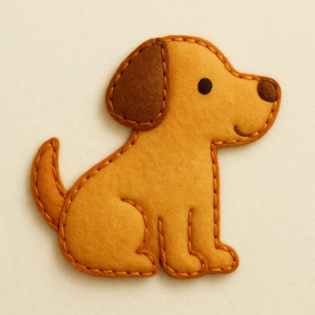 Minimal felt appliqué icon of a dog with soft, handcrafted felt look, lightly padded forms, simple shapes, clean outlines, medium-thickness orange or brown stitched edge, soft matte felt texture, warm yellows, oranges, and browns, small round eyes, simple nose, minimal mouth, subtle shadows, soft lighting, front or side profile, neutral off-white background emoji