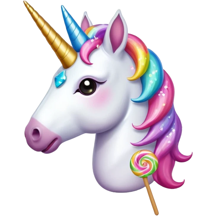 a unicorn eating a lolipop with a poop emoji on its head and sparkles around the unicorn emoji