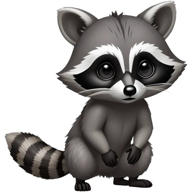 Cinematic-cute Raccoon-Realistic-hunched Full-Body on all fours-Emoji – Tail flicking lazily, head tilted dramatically, thick grey fur with a signature black mask, sharp and alert ears, simplified yet realistic focused features, highly detailed, glowing with an almost sarcastic glow. big black eyes emoji