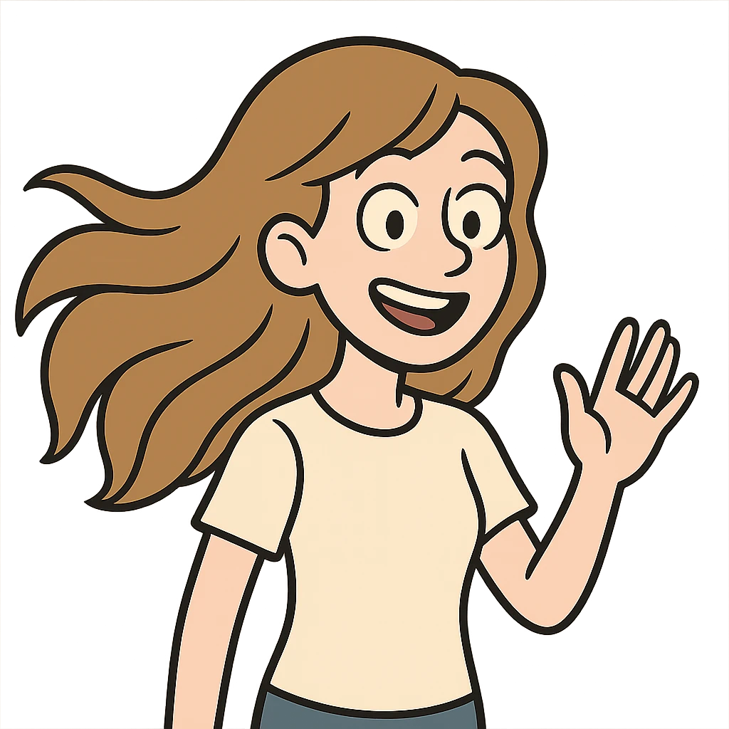 smiling girl with long, waving hair and white skin, flat toon style emoji