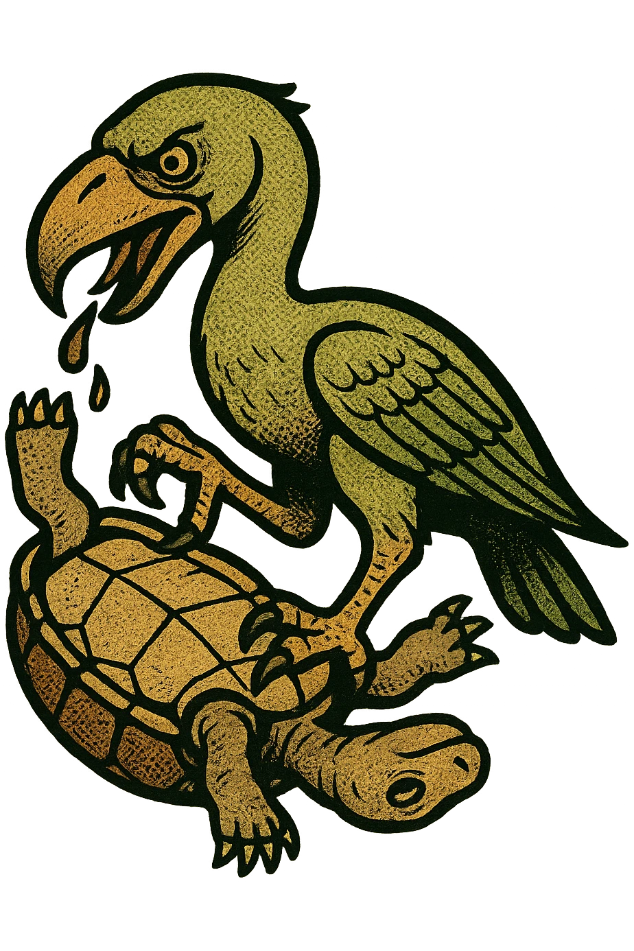 an insignia for a flag: a strange foreign alien bird creature, resembling a prehistoric phorusrhacos, gripping a upside-down tortoise [on its back] with a claw with its' beak tearing down into it
 emoji
