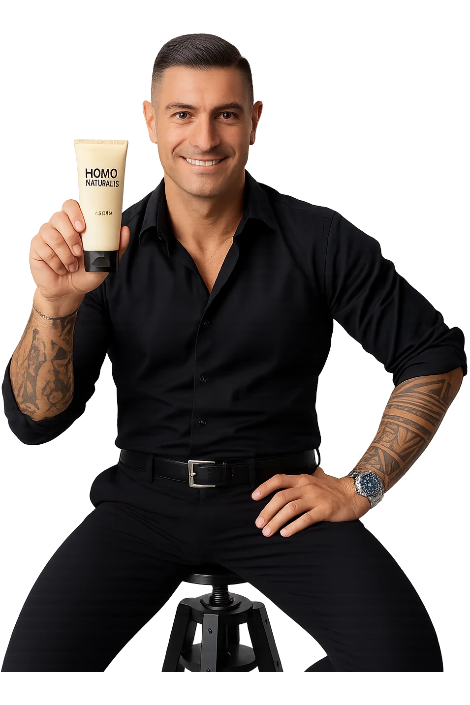 uomo con in mano un prodotto crema di marca "Homo Naturalis" emoji