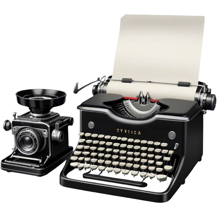 Create an emoji representing screenwriting. The design should feature an open script with visible dialogue and action lines, symbolizing the writing of a screenplay. Include a classic typewriter or a modern writing device, such as a laptop, to signify the process of creating a script. Add a vintage film camera next to the script to emphasize the cinematic aspect of screenwriting. Use a professional color palette with black, white, and subtle metallic tones. Do not include any emojis or smiley faces. Make the background transparent. emoji