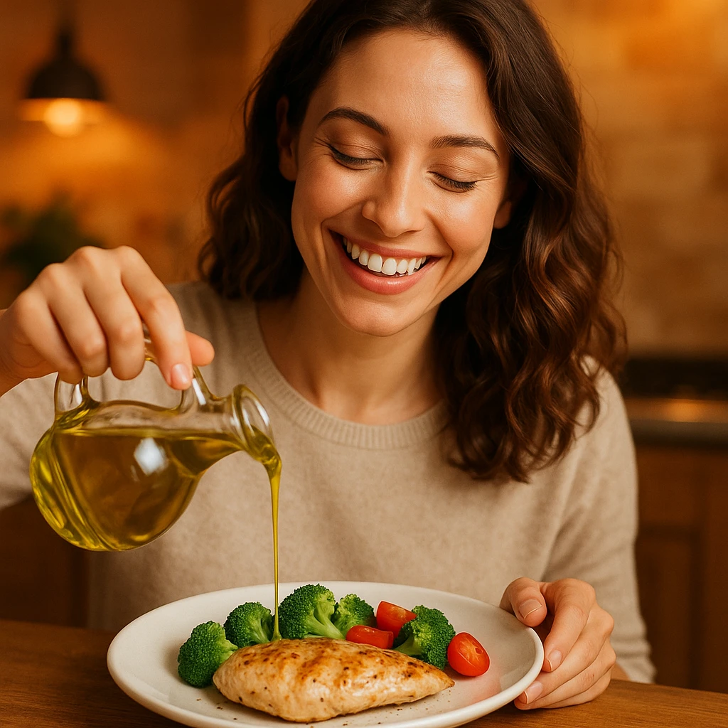 donna che usa olio d'oliva contenta nel suo piatto con petto di pollo emoji