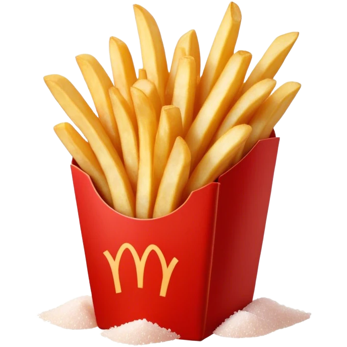 Cinematic crispy golden French fries, piled high, sprinkled with salt, served in a red carton, warm and inviting, rich golden hues, perfectly crunchy and delicious. emoji