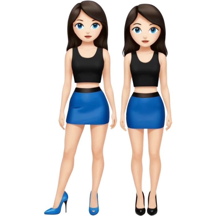 realist caucasian woman, long dark brown hair, blue eyes, wearing a black crop top and black tight mini skirt, high heel black patent louboutin shoes, full body, emoji style emoji
