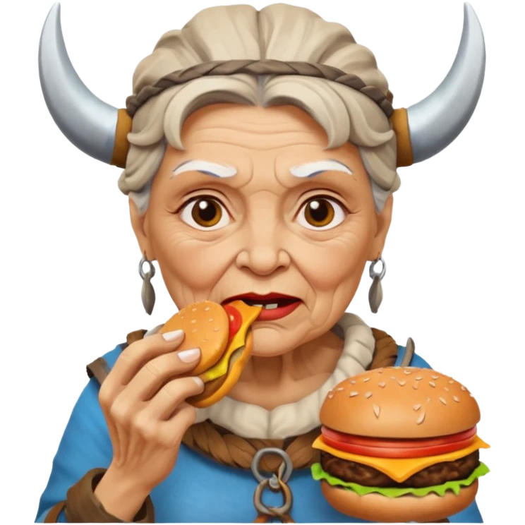 old woman viking eating burger emoji