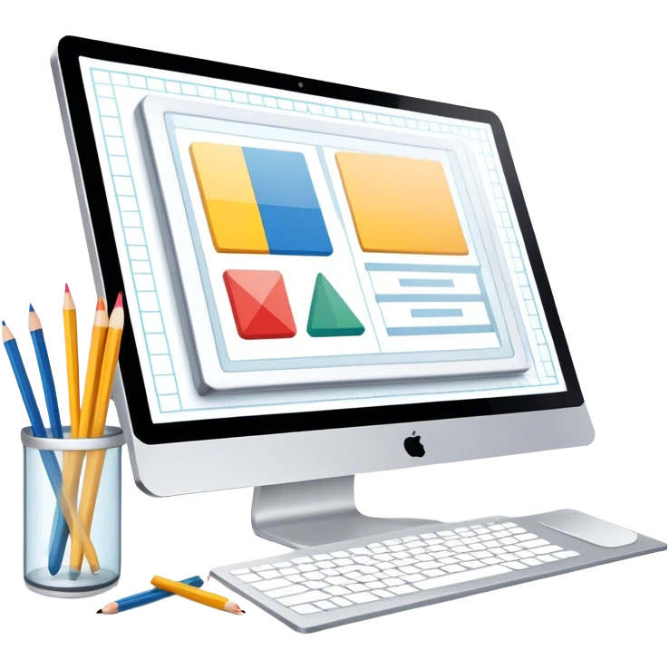 Professional emoji for Graphic Design: a computer screen displaying a design layout, vector shapes, a color palette, and design tools like a pencil and ruler. The icon should represent creativity and precision in graphic design. Transparent background. emoji