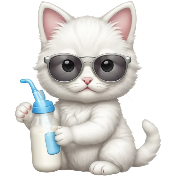 A white kitten with sunglasses and milk bottle in its hands emoji