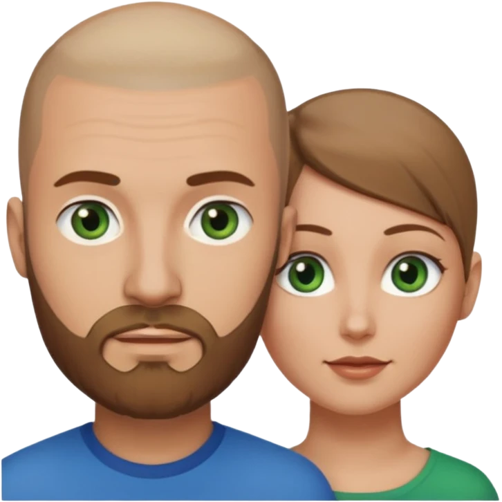 Man on left with shaved head with dark blonde beard and blue eyes and woman on the right with brown hair green eyes  emoji