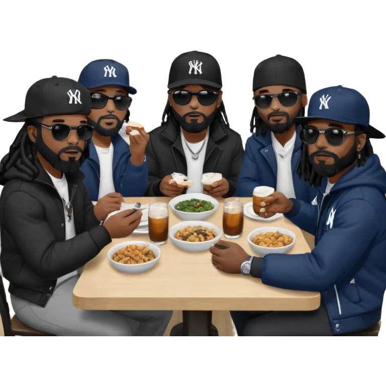 African American man with shoulder length black dreadlocks with black beard wearing black sunglasses wearing a black New York Yankees logo baseball Cap wearing a black bubble winter coat sitting a kitchen table with other men with dreadlocks all sitting in chairs eating dinner at kitchen table emoji