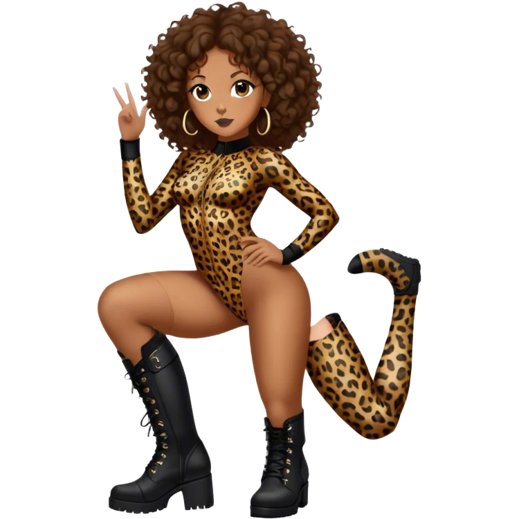 Melanie Brown with brown curls and highlights wearing a tight leopard print two piece bodysuit and black combat boots emoji