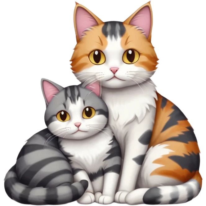 full body colourful light patched calico + white tabby cat cuddling a bigger cat that is dark grey and white tabby cat  and they are in love emoji