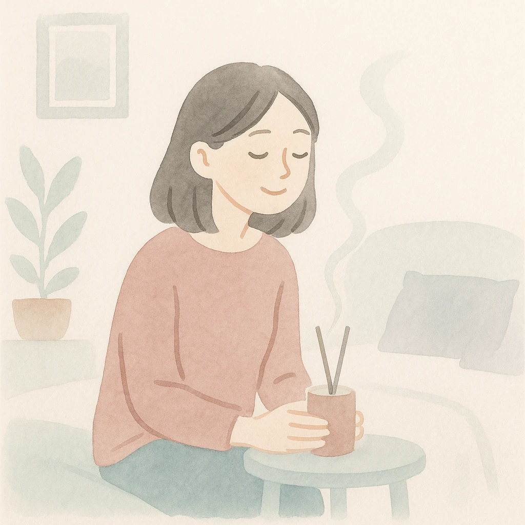 a girl in a bedroom, looking sad, then smelling a scent like from a candle or diffuser, her mood changing to relaxed, watercolor art style emoji