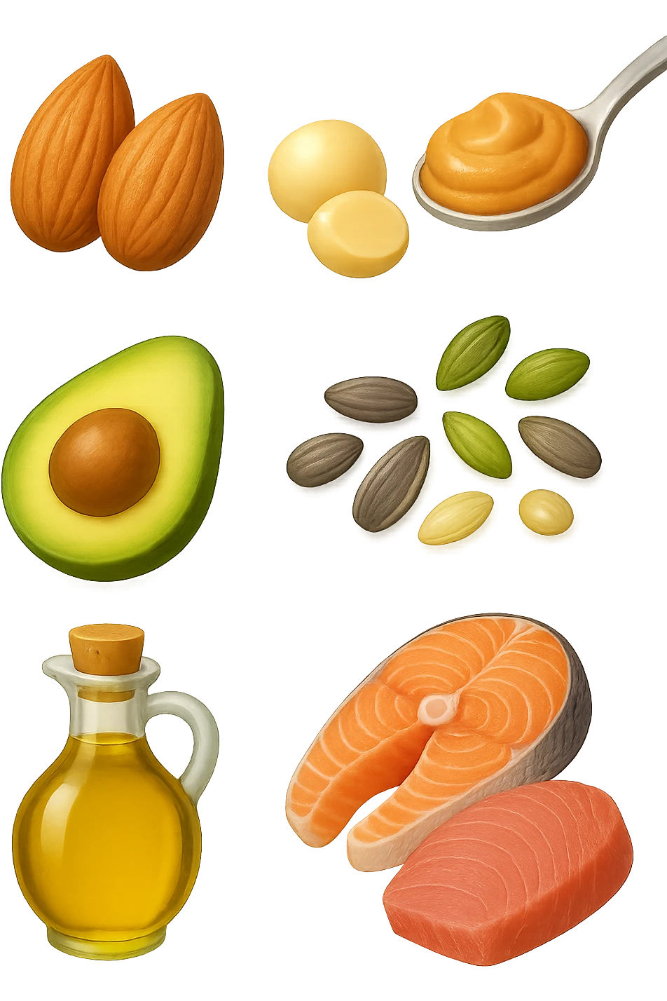 EMOJI STILE IPHONE DI
Frutta secca (mandorle, noci macadamia)
Burro di frutta secca (es. burro di arachidi)
Avocado (in piccole porzioni)
Semi
Olio extravergine d’oliva
Pesce grasso (salmone, tonno)
, fluttuano in aria REALISTICA 4K emoji